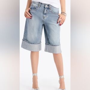 Stylish Light Blue Denim Bermuda Shorts Rhinestone Cuff
